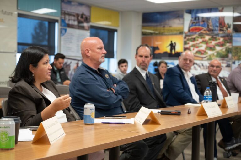People are sitting a table, looking at the woman speaking on the far left