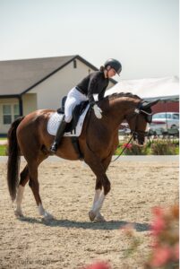 A trainer rides a brown horse, smiling