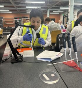 Person in a laboratory wearing a high-visibility vest and gloves, using a pipette at a workstation with multiple pipettes and lab tools arranged on the table.