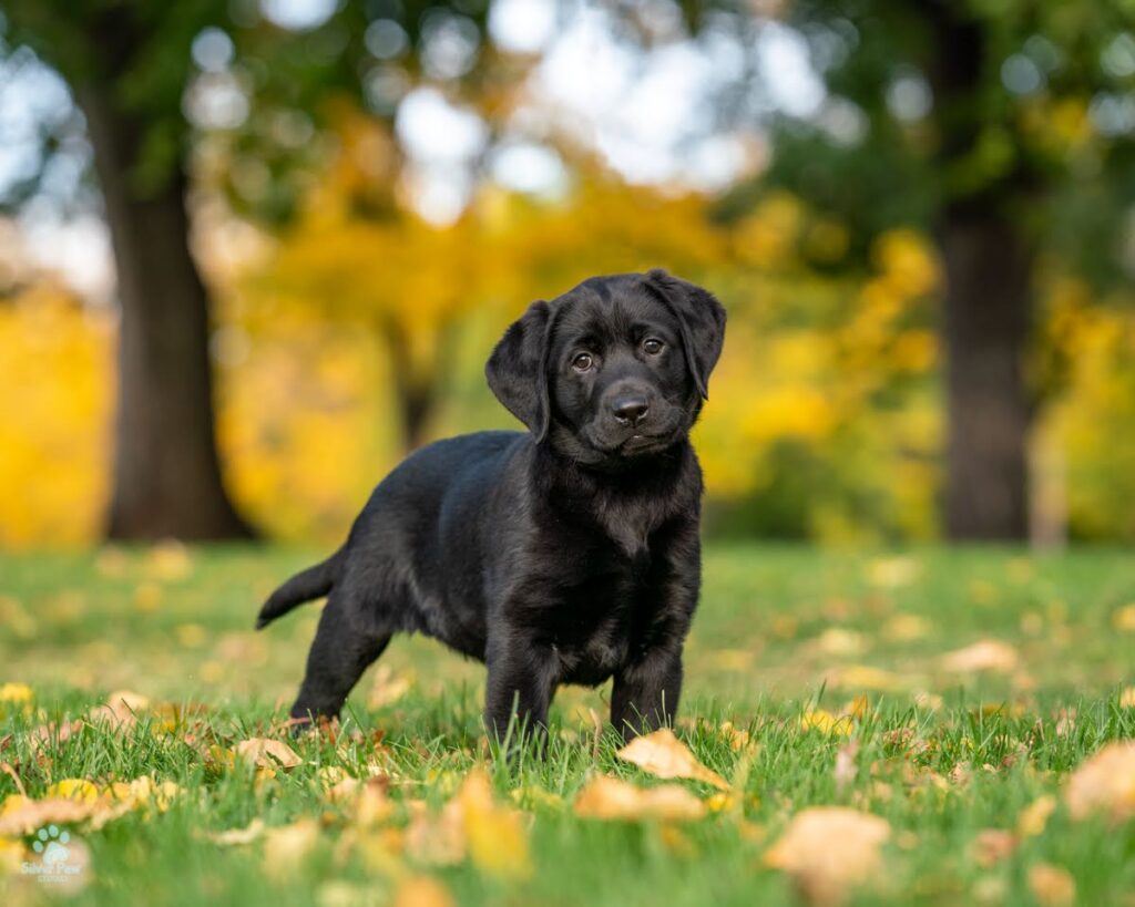 a cute black lab puppy tilts his head at the camera, fall foliage in the background