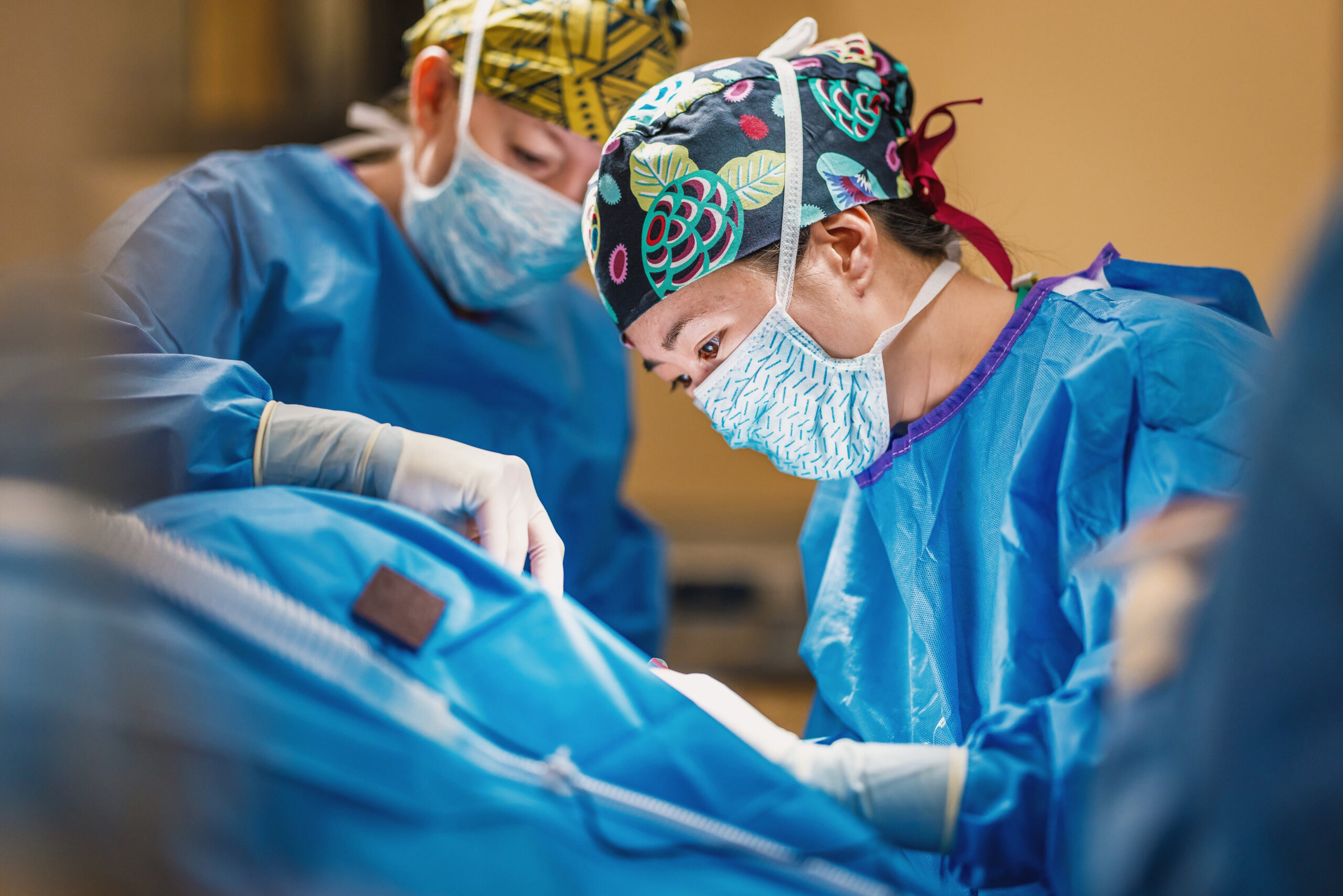 A long‑haired black and white dog is held securely by an individual wearing a white coat, blue gloves, and an orange lanyard. The dog is on a red leash and is positioned close to the person’s torso. The background appears to be an indoor clinical or examination setting.