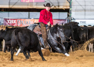 man in red shirt riding a stallion