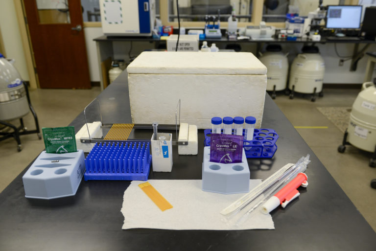 collection of vials and tools for freezing semen laid out on a table