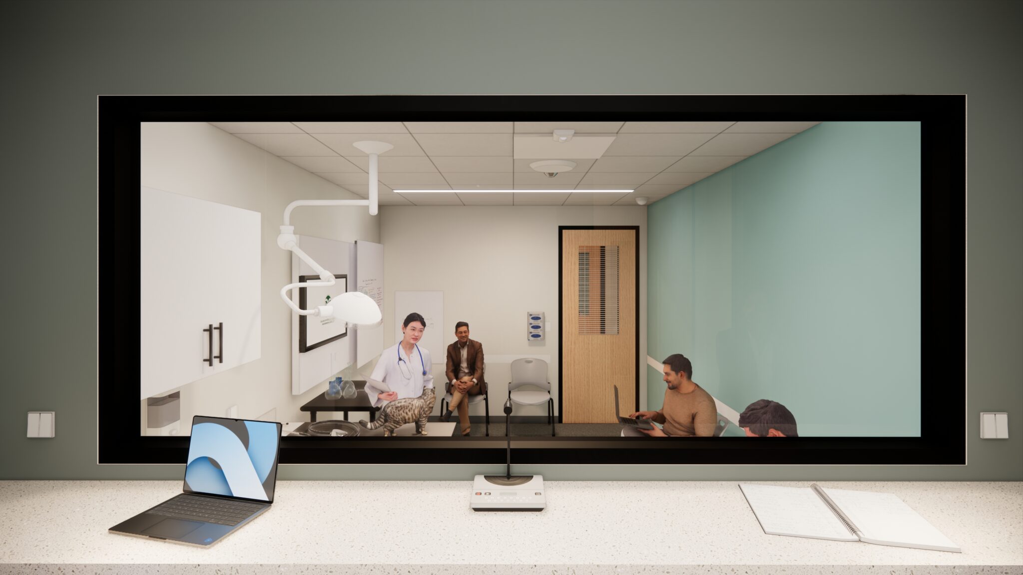 A rendering of a simulation communications classroom