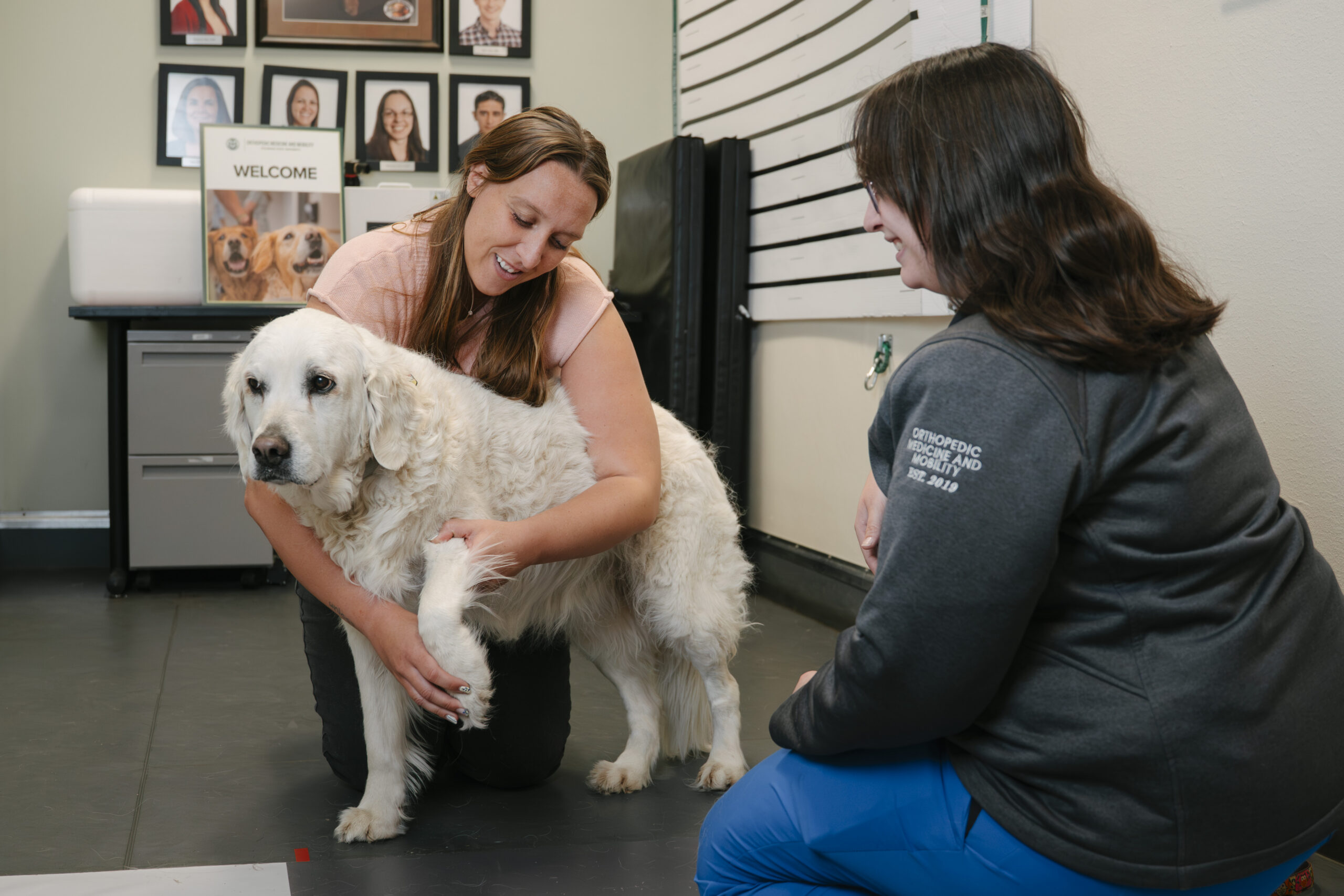 woman holds the front left paw of a golden retriever while another woman watches