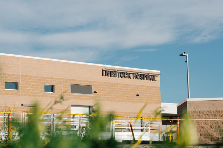 tan brick building that says livestock hospital on the front